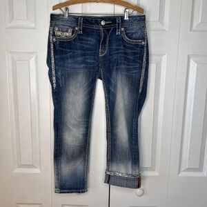 Rock Revival Size 29 Aroa Capri Denim Pants Sequins Thick Stitching Distressed‎